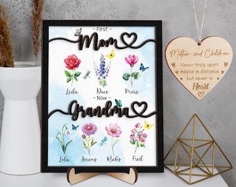 Grandma Garden, First Mom Now Grandma Sign, Personalized Mothers Day Gift, Custom Birth Month Flowers, Nana Gift, Great-Grandma Gift