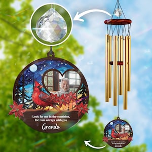 Memorial Windchime with Red Cardinal Suncatcher, Customed Photo Windchime for Loss of Mom, Loss of Mom Windchime, Sympathy Windchime