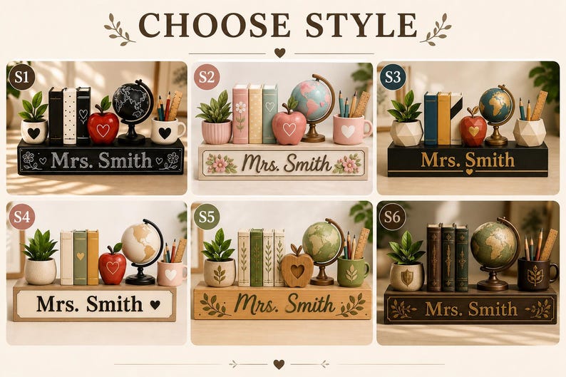 May include: A collection of six personalized desk organizers labeled 'Mrs. Smith', each featuring a small potted plant, three miniature books, a decorative apple, a globe, and a pencil holder. The sets vary in color, including black, white, and wood tones.