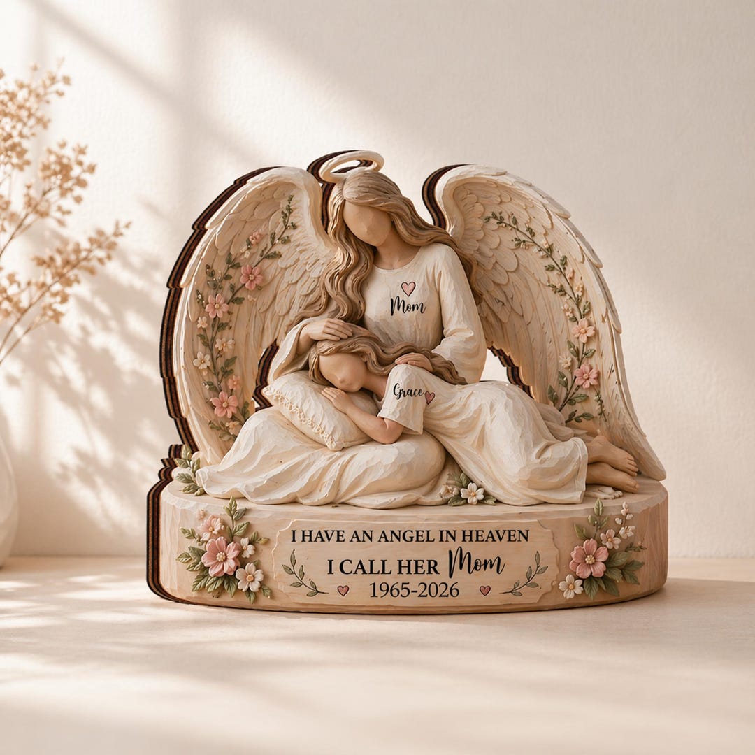 Custom Memorial Mom Wooden Sign, Angel Figure Block, Loss of Mom