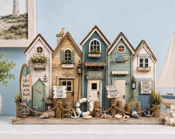 Coastal Beach House Wooden Decor, Nautical Beach Village, Coastal Farmhouse Shelf Decor, Seaside Display, Beach Lover Gift, Ocean Lover Gift