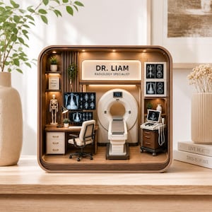 May include: A miniature diorama of a radiology office featuring a CT scanner, a desk with a computer displaying medical scans, a skeleton model, and a rolling medical cart. The sign above the scanner reads DR. LIAM RADIOLOGY SPECIALIST.