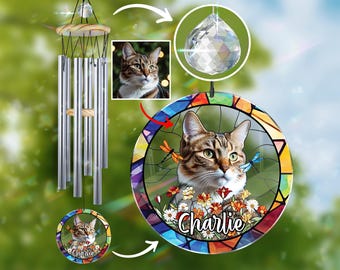 Custom Pet Portrait Wind Chime, Cat Memorial, Cat With Name Suncatcher, Cat Loss Bereavement Gift, Loss of Pet Sympathy Gift, Cat Lover Gift