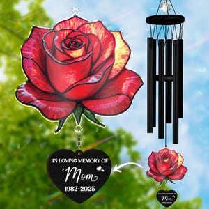 Birth Month Windchimes, Rose Flower In Loving Memory, Remembrance Gift for Loss of Father, Mother – Sympathy Garden Decor, Black Wind Chime