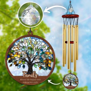 May include: A stained glass wind chime featuring a tree with colorful leaves and the words "Family Where life begins and love never ends". The chime has a crystal prism and is made of metal.