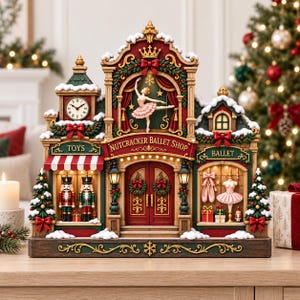 Puede incluir: Una figura decorativa de la tienda Nutcracker Ballet Shop con una torre de reloj, un escenario central con una bailarina y escaparates con las etiquetas Toys y Ballet. La estructura está adornada con coronas navideñas y nieve.