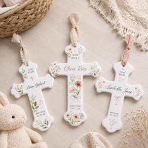 Personalized Baby Baptism Cross Ornament, Custom Baby Name Christening Gift,God Bless Acrylic Cross, Newborn Gift, Floral Christian Keepsake