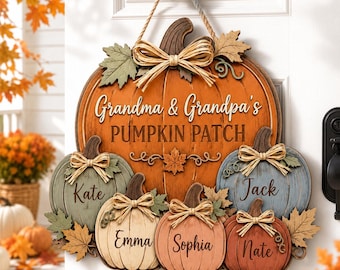 Personalized Grandma & Grandpa's Pumpkin Patch Door Hanger,  Custom Grandkids Name Pumpkin Sign, Autumn Front Door Decor, Grandparent Gift