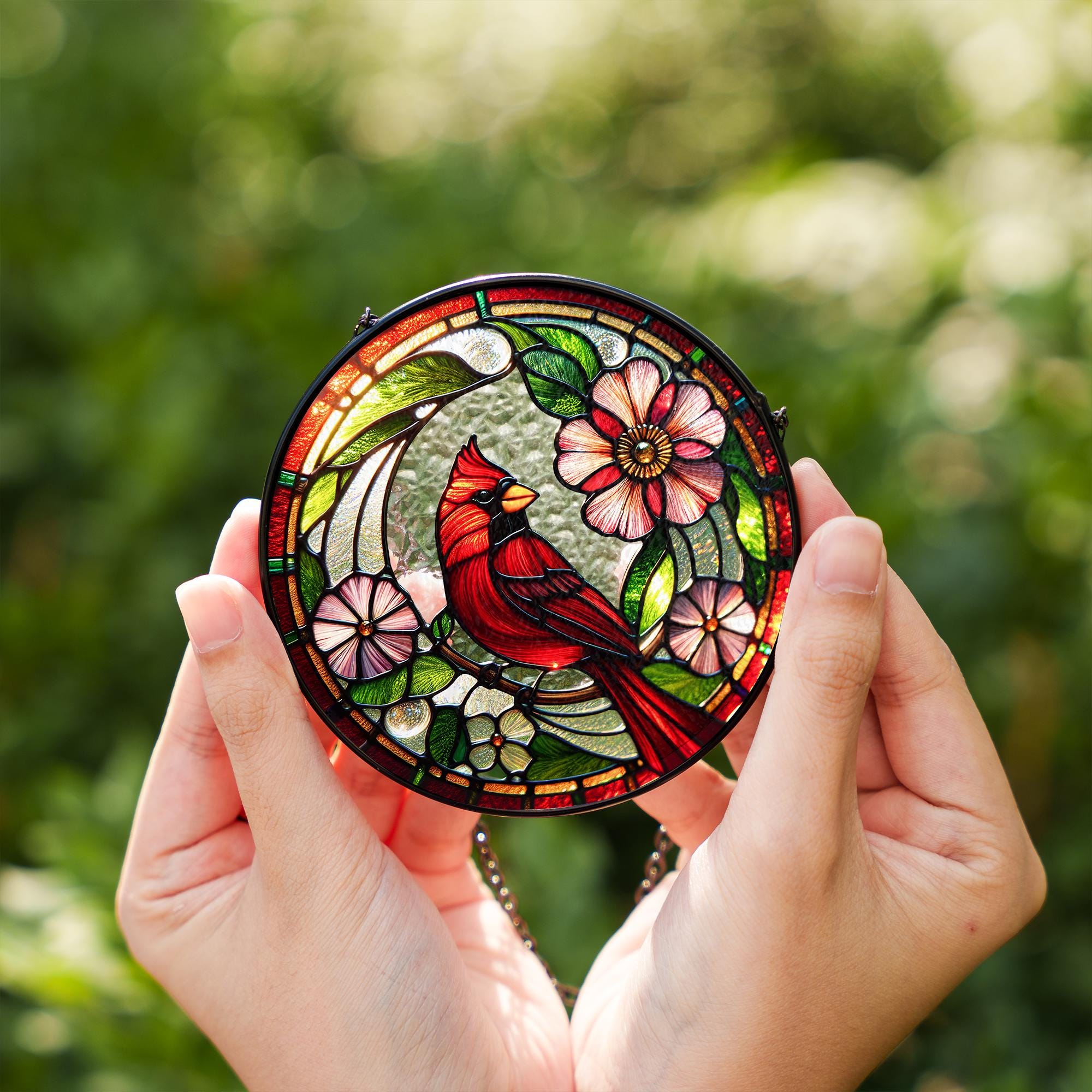 Atrapasol de vidrio con forma de cardenal rojo, vitral de condolencia, atrapaluz conmemorativo de cardenal, pájaro rojo para colgar en la ventana, cardenal con flor