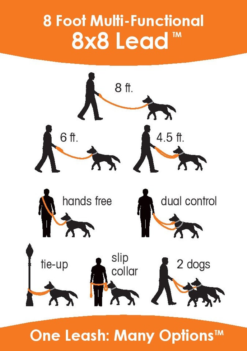 8-foot multi-functional 8x8 Lead graphic that shows stick figures to illustrate the leash in 8 different positions with text that reads 8 ft. long, 6 ft., 4.5 ft., hands-free, dual control, tie- up, slip-collar long and 2 dogs. One Leash Many Options