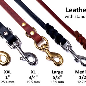 leather widths with standard bolt snaps show brass hardware on tan, stainless steel hardware on black, XXL 1 inch 25.4 mm; xl 3/4 inch 19.5 mm; large5/8 inch 15.9 mm; medium 1/2 inch 12.7 mm; small 3/8 inch 9.5 mm