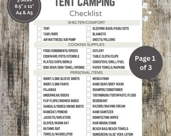 Tent Camping Checklist Printable -Your Ultimate Camping Organizer | 3 Sizes | Camping Essentials | Camping Gear Checklist | Instant Download