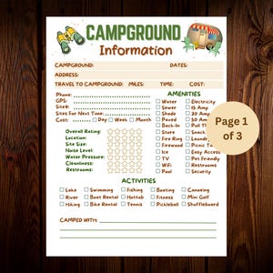 Journal d'informations du terrain de camping | Fiche imprimable du terrain de camping | Planificateur de camping | Téléchargement instantané