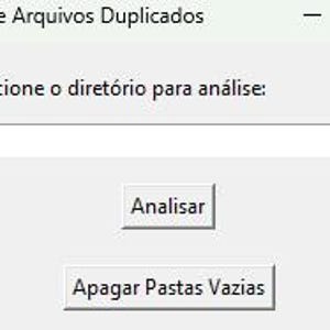 Può includere: Uno schermo di computer che mostra un programma chiamato "Analisador de Arquivos Duplicados" in portoghese. Il programma ha una casella di testo per selezionare una directory, un pulsante "Procurar", un pulsante "Analisar" e un pulsante "Apagar Pastas Vazias".
