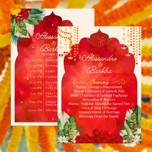以下が含まれることがあります： 赤色の水彩デザインと金色のアクセントが施された2つの結婚式の招待状。カードには「Alessa & Barkha」の名前とイベントの詳細が記載されています。テキストを囲む花と葉の要素、オレンジ色の花の背景。