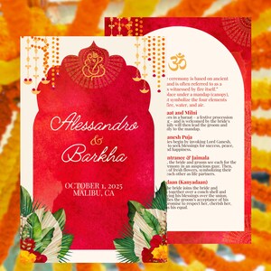 May include: A wedding invitation with a red and cream color scheme. The invitation features the names "Alessandro & Barkha" and the date "October 1, 2025, Malibu, CA." Decorative elements include floral and leaf accents, and a gold-colored religious symbol.