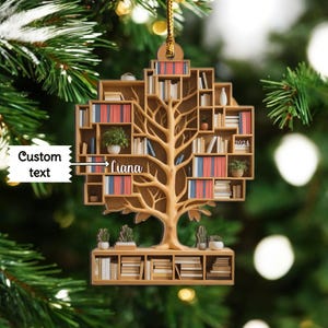 Personalized Wooden Christmas Ornament for Book Lovers | Custom Bookcase Tree Decoration | Unique Gift for Readers, Teachers & Librarians
