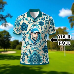 Custom Retro Pattern Art Polo Shirt – Personalized Face & Name | Vintage Floral Pattern Collared Shirt for Men, Floral Retro Gift Idea