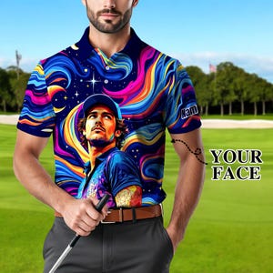 Custom Face Polo Shirt for Men – Personalized Portrait Shirt – Mosaic Art Photo Gift – Father’s Day Gift from Kids – Golf Polo Shirt