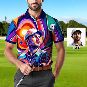 Custom Face Polo Shirt for Men – Personalized Portrait Shirt – Mosaic Art Photo Gift – Father’s Day Gift from Kids – Golf Polo Shirt