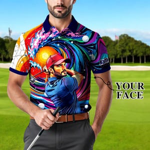 Custom Face Polo Shirt for Men – Personalized Portrait Shirt – Mosaic Art Photo Gift – Father’s Day Gift from Kids – Golf Polo Shirt