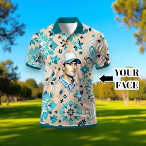 Custom Retro Pattern Art Polo Shirt – Personalized Face & Name | Vintage Floral Pattern Collared Shirt for Men, Floral Retro Gift Idea