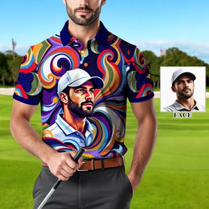 Custom Face Polo Shirt for Men – Personalized Portrait Shirt – Mosaic Art Photo Gift – Father’s Day Gift from Kids – Golf Polo Shirt