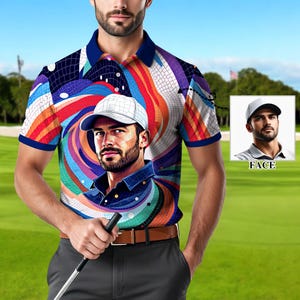 Custom Face Polo Shirt for Men – Personalized Portrait Shirt – Mosaic Art Photo Gift – Father’s Day Gift from Kids – Golf Polo Shirt