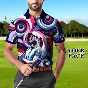 Custom Face Polo Shirt for Men – Personalized Portrait Shirt – Mosaic Art Photo Gift – Father’s Day Gift from Kids – Golf Polo Shirt