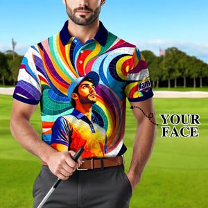 Custom Face Polo Shirt for Men – Personalized Portrait Shirt – Mosaic Art Photo Gift – Father’s Day Gift from Kids – Golf Polo Shirt