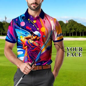 Custom Face Polo Shirt for Men – Personalized Portrait Shirt – Mosaic Art Photo Gift – Father’s Day Gift from Kids – Golf Polo Shirt