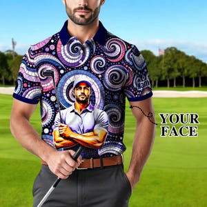 Custom Face Polo Shirt for Men – Personalized Portrait Shirt – Mosaic Art Photo Gift – Father’s Day Gift from Kids – Golf Polo Shirt