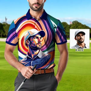 Custom Face Polo Shirt for Men – Personalized Portrait Shirt – Mosaic Art Photo Gift – Father’s Day Gift from Kids – Golf Polo Shirt