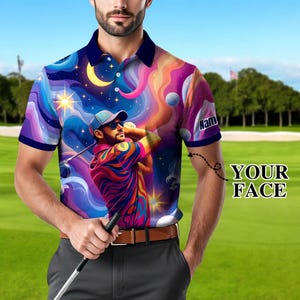 Custom Face Polo Shirt for Men – Personalized Portrait Shirt – Mosaic Art Photo Gift – Father’s Day Gift from Kids – Golf Polo Shirt