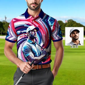 Custom Face Polo Shirt for Men – Personalized Portrait Shirt – Mosaic Art Photo Gift – Father’s Day Gift from Kids – Golf Polo Shirt