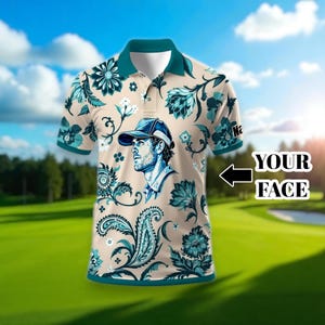 Custom Retro Pattern Art Polo Shirt – Personalized Face & Name | Vintage Floral Pattern Collared Shirt for Men, Floral Retro Gift Idea