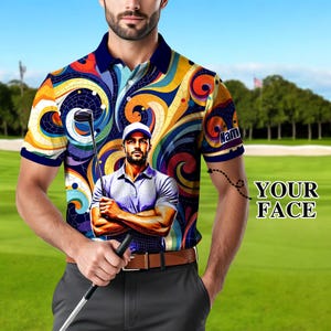 Custom Face Polo Shirt for Men – Personalized Portrait Shirt – Mosaic Art Photo Gift – Father’s Day Gift from Kids – Golf Polo Shirt