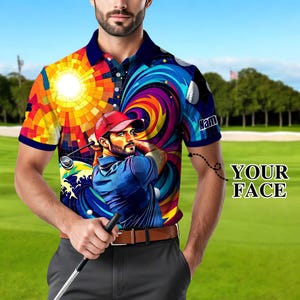 Custom Face Polo Shirt for Men – Personalized Portrait Shirt – Mosaic Art Photo Gift – Father’s Day Gift from Kids – Golf Polo Shirt