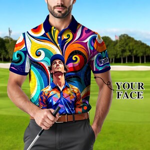 Custom Face Polo Shirt for Men – Personalized Portrait Shirt – Mosaic Art Photo Gift – Father’s Day Gift from Kids – Golf Polo Shirt