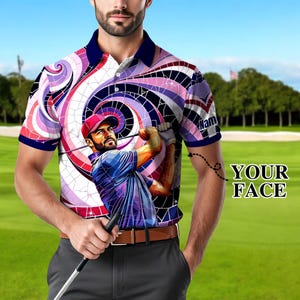 Custom Face Polo Shirt for Men – Personalized Portrait Shirt – Mosaic Art Photo Gift – Father’s Day Gift from Kids – Golf Polo Shirt