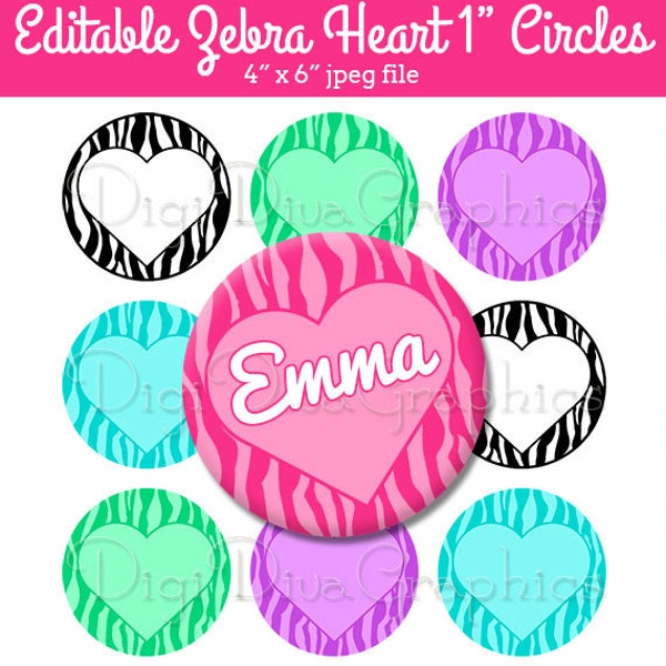 Editable - Zebra Heart Love Bottle Cap Collage Digital Set 1 Inch Circle 4x6 - Instant Download - BC1133