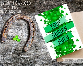 St Patricks Invitation Mockup - Wood Shamrock Horseshoe Invitation Mockup Template - 5x7 Insert Photo Card Rustic - Instant Download