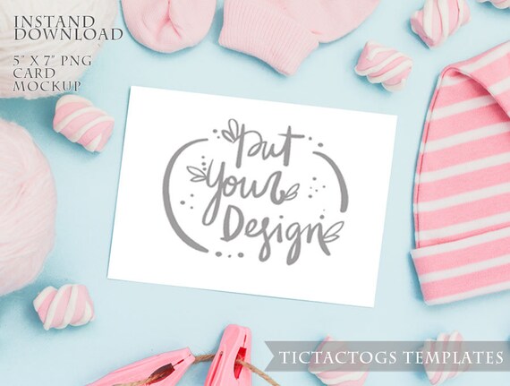 Baby Girl Invitation Mockup Pink Blue Announcement Mockup