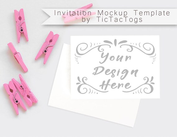 Pink Clothes Pins Invitation Mockup White Invitation Mockup