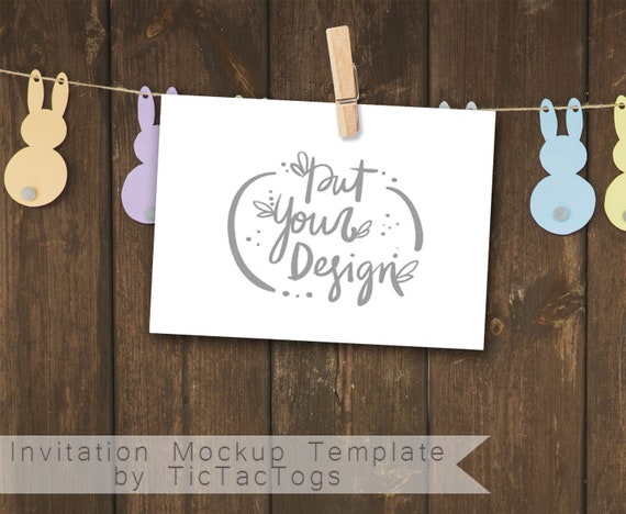 Easter Bunny Clothes Pin Garland Invitation Mockup Wood