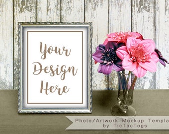 Download Free Mockup Print Artwork Picture Photo Template 8x10 | Insert Picture Frame Wood Rustic Flower - Instant Download PSD Template