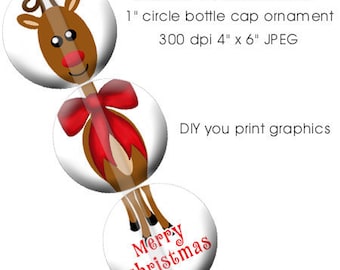 Reindeer Christmas Ornament Bottle Cap Collage Digital Set 1 Inch Circle 4x6 - Instant Download