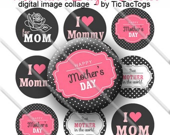 Mother's Day Sayings Bottle Cap Colorful Digital Art Collage Set 1 Inch Circle 4x6 - Instant Download - BC474