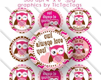 Valentine Bottle Cap Images Sayings Owl Chevron Digital Set 1 Inch Circle JPEG Heart - Instant Download - BC444