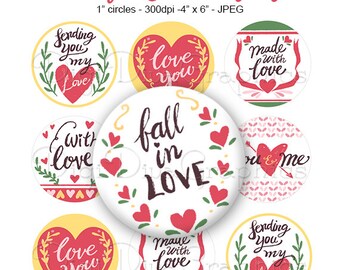 Fall in Love Valentine's Day Sayings Bottle Cap Images 1 Inch Circles Digital JPG - Instant Download - BC1143